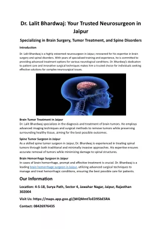 Dr. Lalit Bhardwaj: Premier Neurosurgeon in Jaipur – Specializing in Brain Tumor