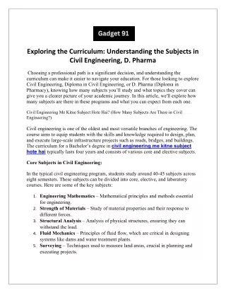 Exploring the Curriculum Understanding the Subjects in Civil Engineering, D. Pharma