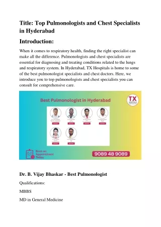 Best Pulmonologist in Hyderabad - TX Hospitals