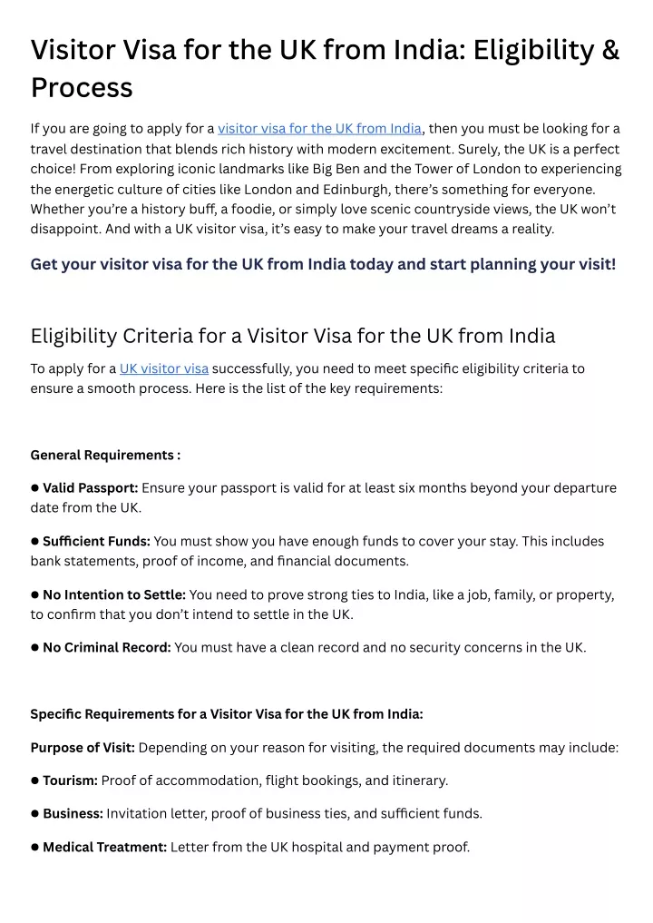 visitor visa for the uk from india eligibility