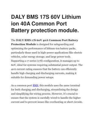 DALY BMS 17S 60V Lithium ion 40A Common Port Battery protection module.