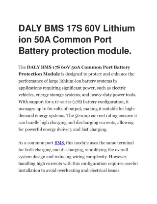 DALY BMS 17S 60V Lithium ion 50A Common Port Battery protection module.