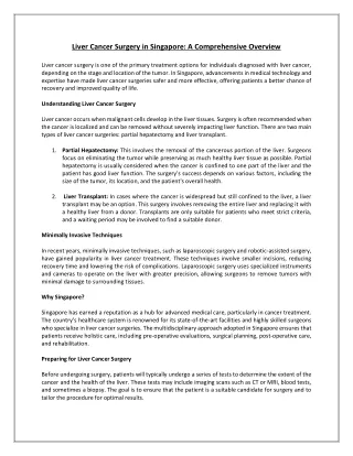 Liver Cancer Surgery in Singapore: A Comprehensive Overview