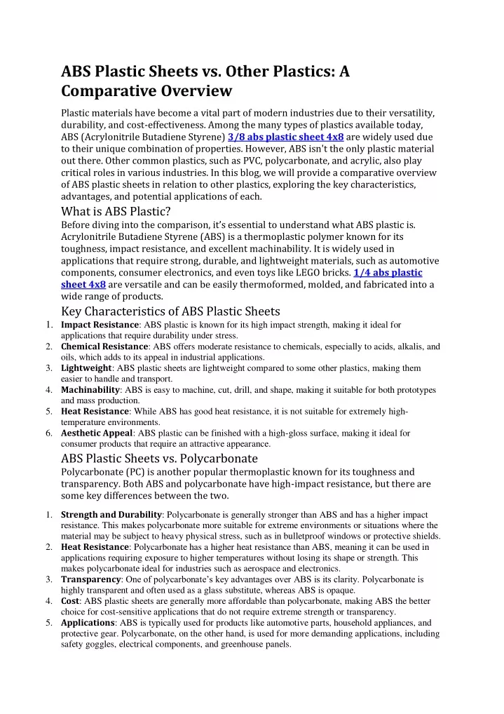 abs plastic sheets vs other plastics