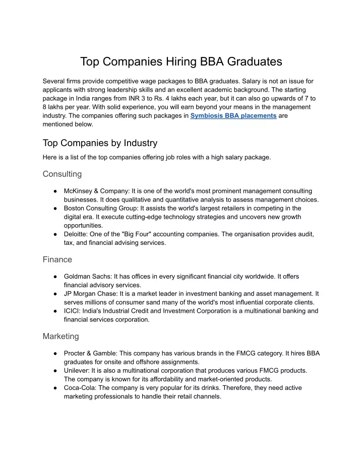 top companies hiring bba graduates