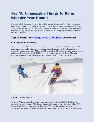 Top 10 Unmissable Things to Do in Whistler Year-Round