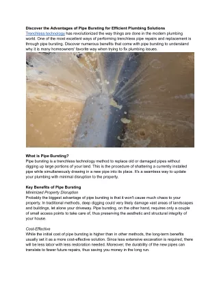Discover the Advantages of Pipe Bursting for Efficient Plumbing Solutions