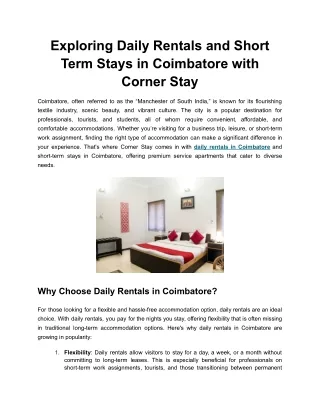 Furnished Service Apartments for Rent in Coimbatore - Corner Stay