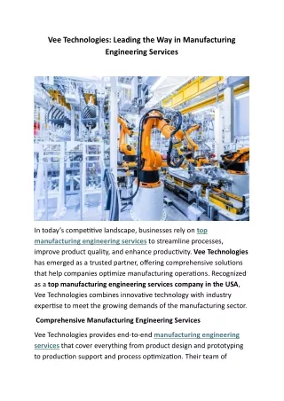 Vee Technologies Leading the Way in Manufacturing Engineering Services
