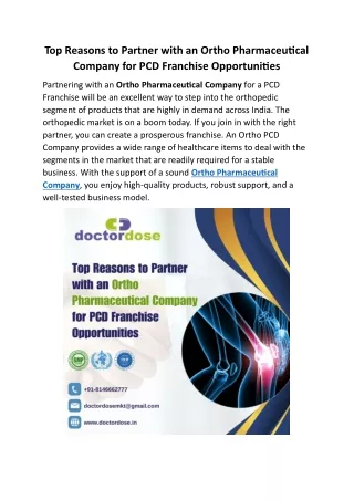 Top Reasons to Partner with Ortho Pharmaceutical Company for PCD Franchise Opportunities