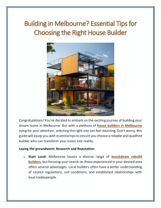 Building in Melbourne Essential Tips for Choosing the Right House Builder