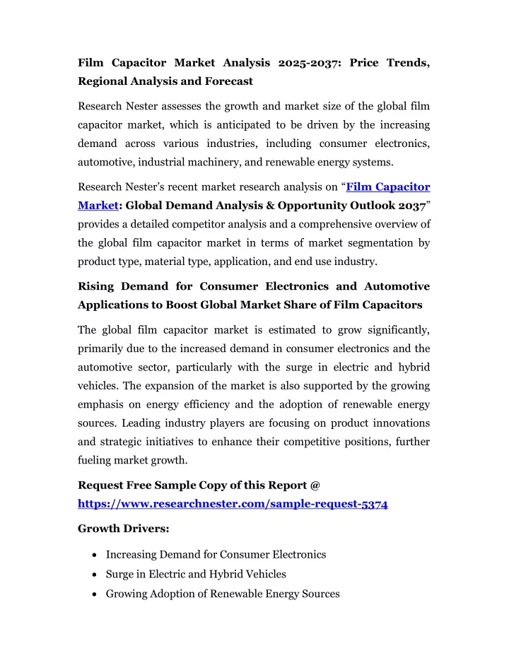 film capacitor market analysis 2025 2037 price