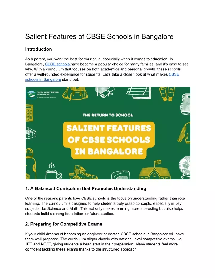 salient features of cbse schools in bangalore