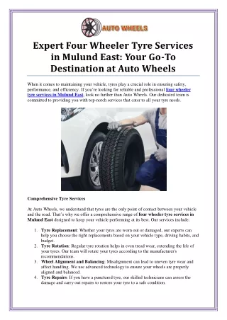 Affordable Four Wheeler Tyre Services in Mulund East