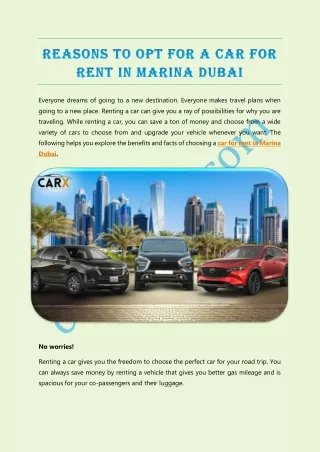 Reasons to Opt for a Car for Rent in Marina Dubai