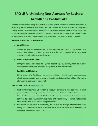 BPO USA: Unlocking New Avenues for Business Growth and Productivity