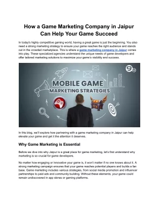 How a Game Marketing Company in Jaipur Can Help Your Game Succeed