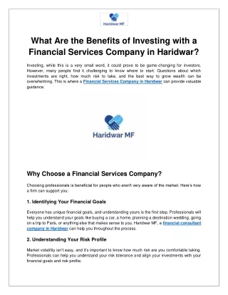 What Are the Benefits of Investing with a Financial Services Company in Haridwar