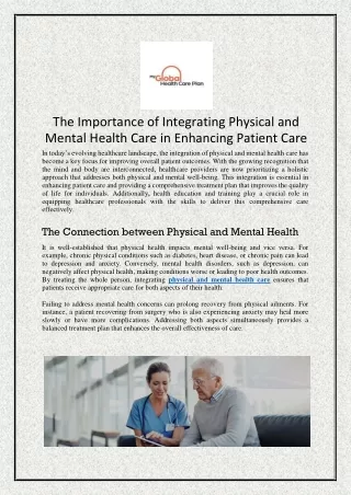 The Importance of Integrating Physical and Mental Health Care in Enhancing Patient Care
