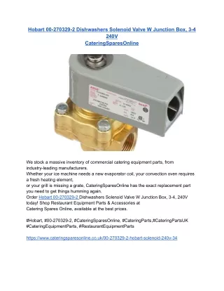 Hobart 00-270329-2 Dishwashers Solenoid Valve W Junction Box, 3-4 240V