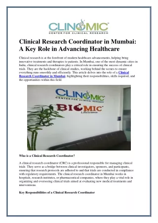 Clinical Research Coordinator in Mumbai: A Key Role in Advancing Healthcare