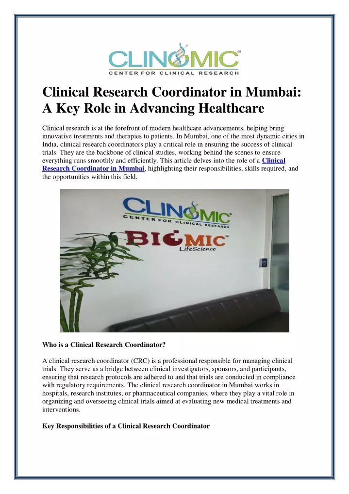 clinical research coordinator jobs mumbai