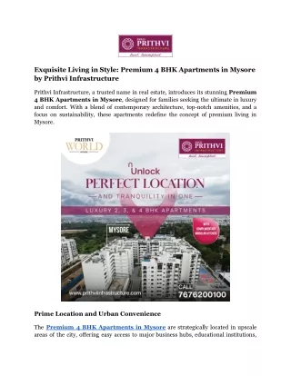 Exquisite Living in Style_ Premium 4 BHK Apartments in Mysore by Prithvi Infrastructure