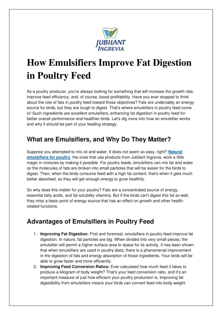 how emulsifiers improve fat digestion in poultry