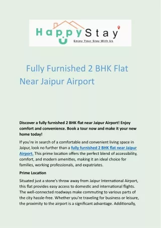 Fully Furnished 2 BHK Flat   Near Jaipur Airport