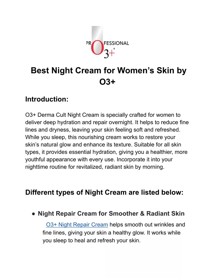 best night cream for women s skin by o3