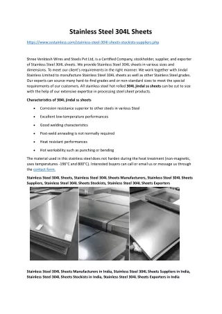 Stainless Steel 304L Sheets Stockists in India