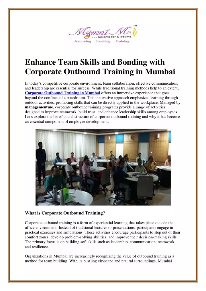 enhance team skills and bonding with corporate