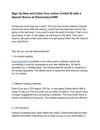 Sign Up Now and Claim Your online Cricket ID with a Special Bonus at Diamondexch