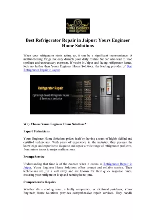 Quality Refrigerator Repair in Jaipur - Yours Engineer Home Solutions