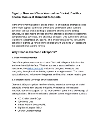 Sign Up Now and Claim Your online Cricket ID with a Special Bonus at Diamond 247