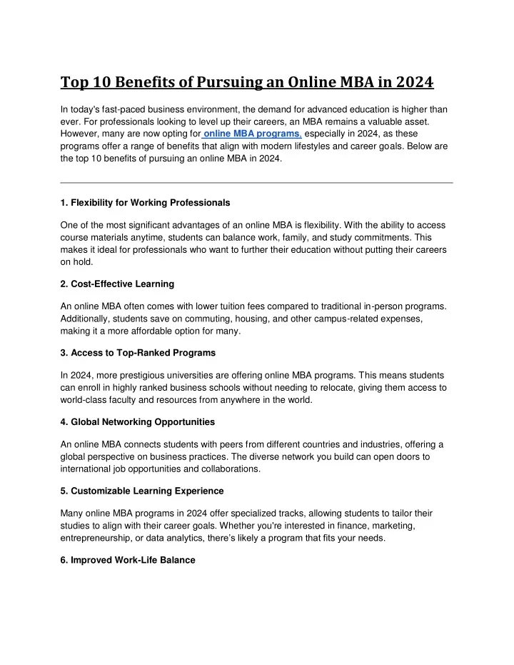 top 10 benefits of pursuing an online mba in 2024