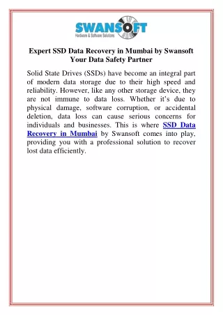 Expert SSD Data Recovery in Mumbai by Swansoft  Your Data Safety Partner