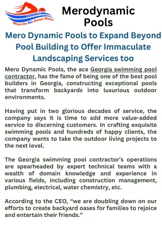 Merodynamic Pools to Expand Beyond Pool Building to Offer Immaculate Landscaping