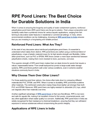RPE Pond Liners: The Best Choice for Durable Solutions in India
