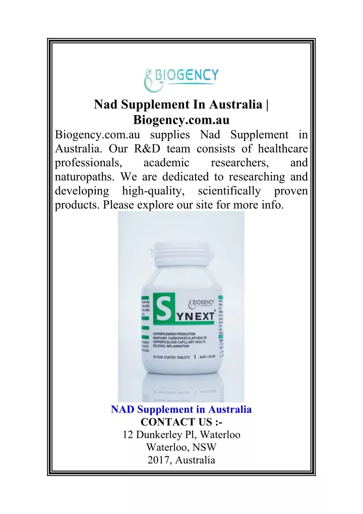 nad supplement in australia biogency