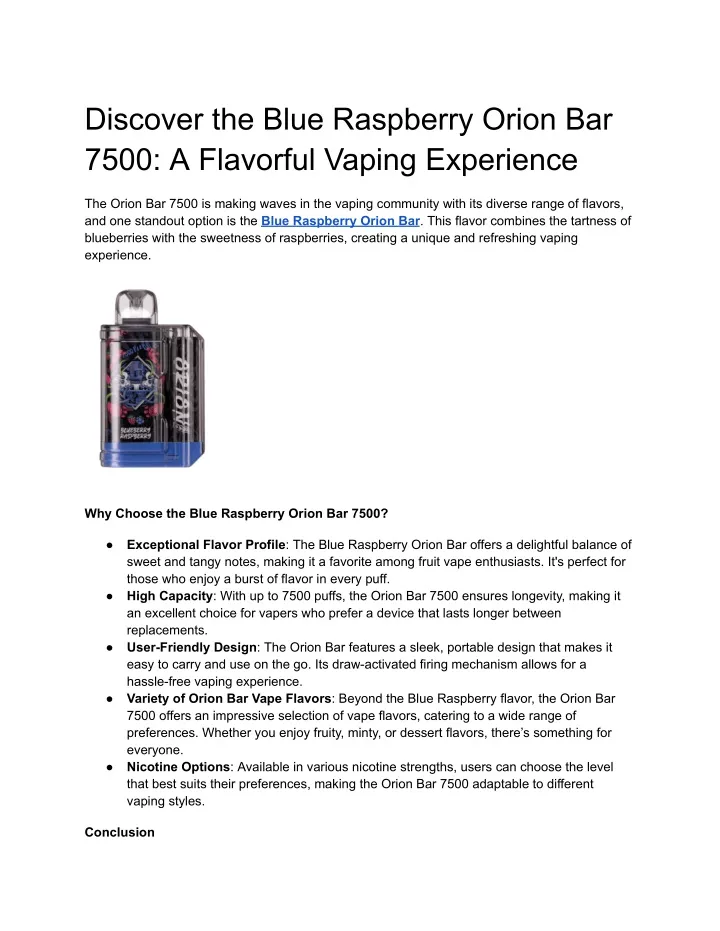 discover the blue raspberry orion bar 7500