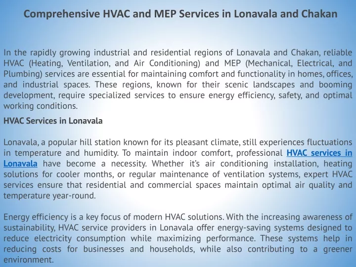 comprehensive hvac and mep services in lonavala