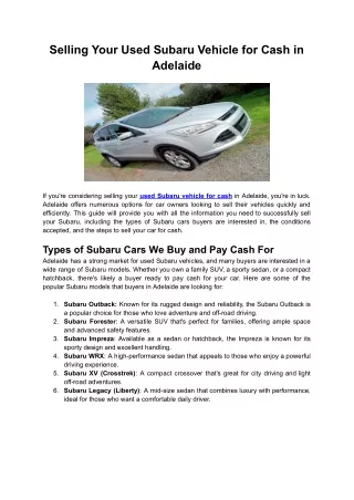 Used Subaru Vehicle for Cash in Adelaide