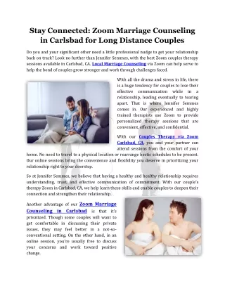 Stay Connected: Zoom Marriage Counseling in Carlsbad for Long Distance Couples