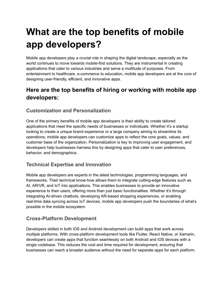 what are the top benefits of mobile app developers