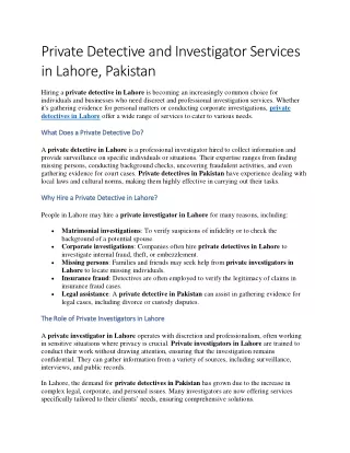 Private Detective and Investigator Services in Lahore