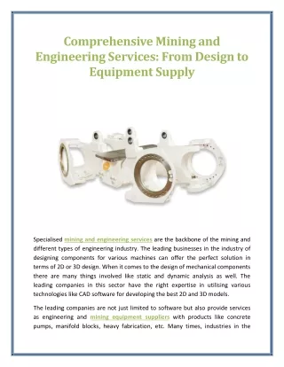 Comprehensive Mining and Engineering Services From Design to Equipment Supply