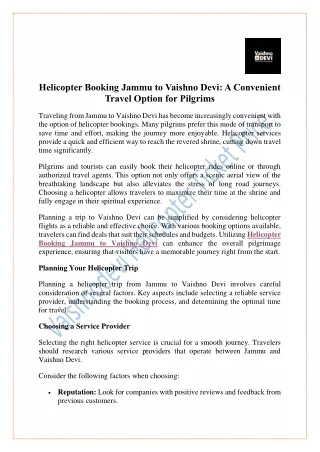 Helicopter Booking Jammu to Vaishno Devi