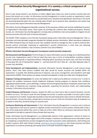 Information Security Management: It is namely a critical component of organizati