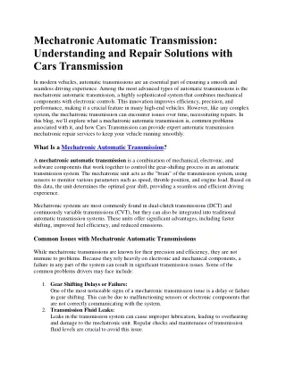 Mechatronic Automatic Transmission Solutions with Cars Transmission